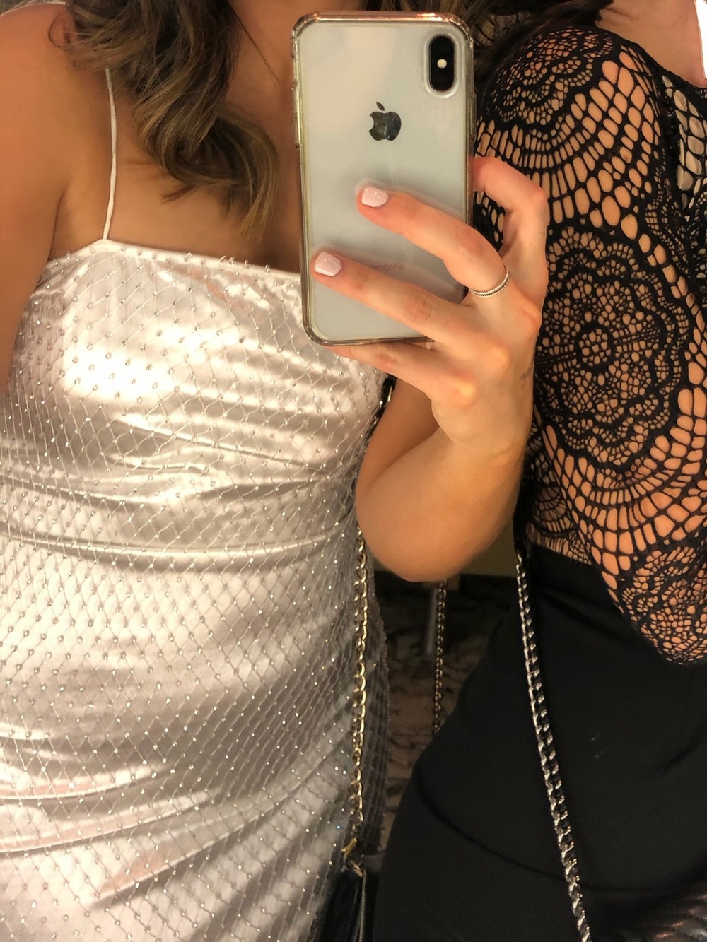 Satin Slip Dress with Rhinestone Mesh Overlay - Picture 2 of 2
